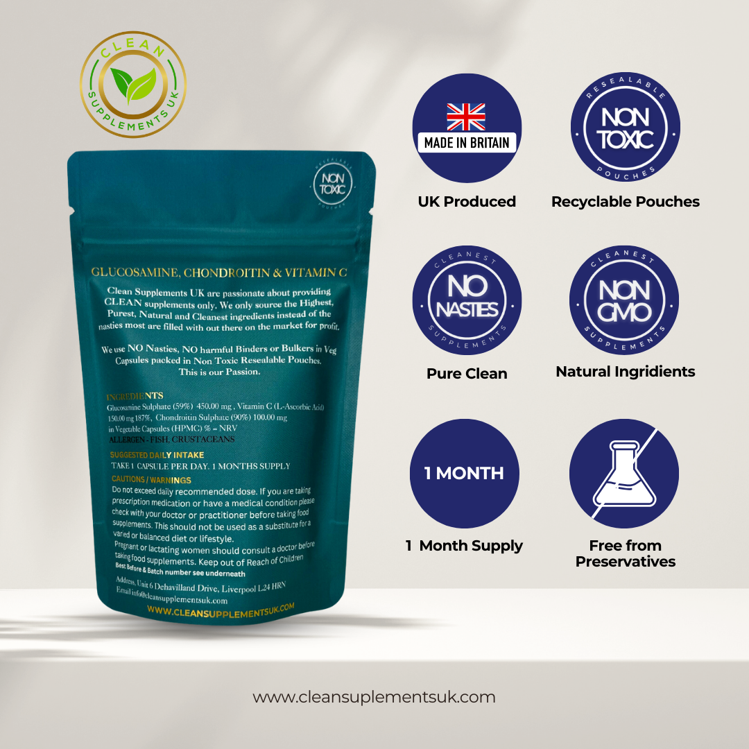 Glucosamine + Chondroitin + Vitamin C | Joint Flexibility & Cartilage Support | Clean UK-Made Formula (No Endangered Sources)