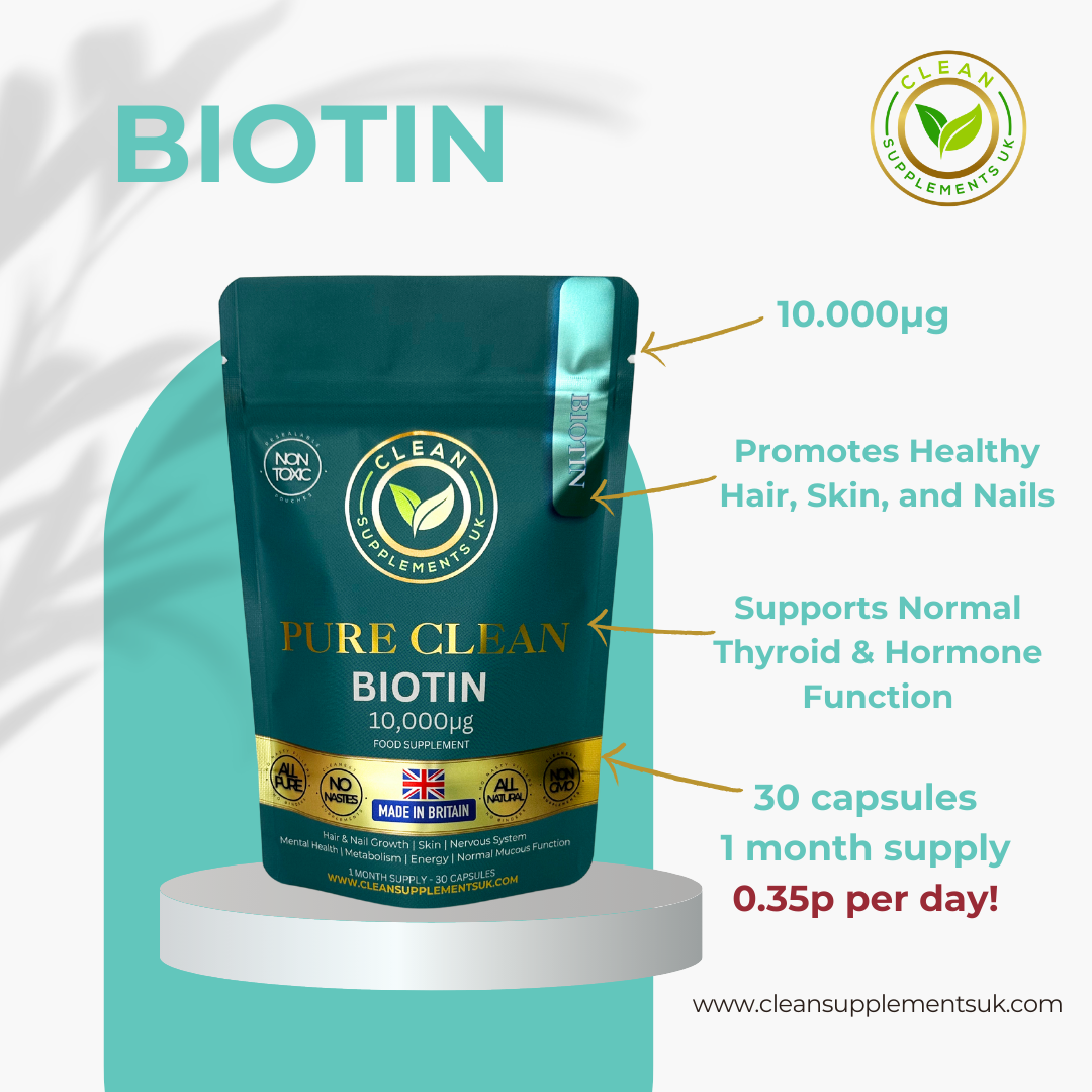 Biotin 10,000 µg supplement pouch by Clean Supplements UK – clean, filler-free hair, skin & nail support capsules