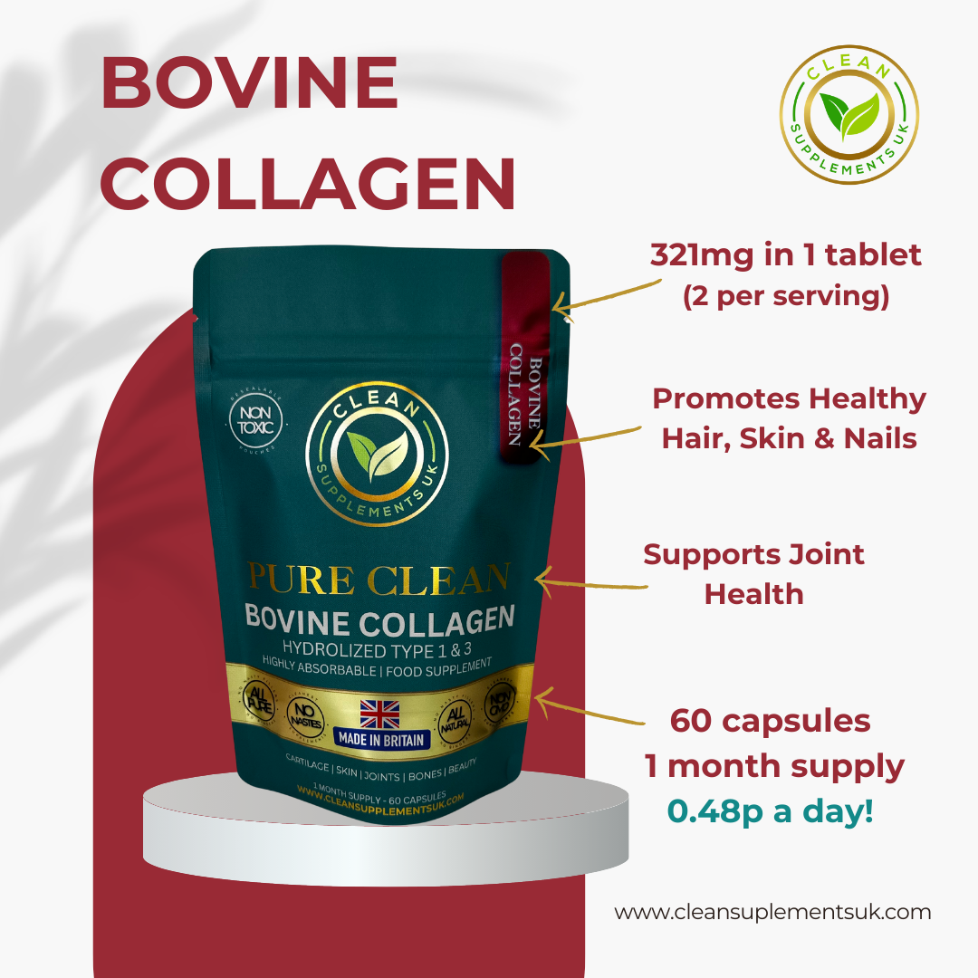Clean Supplements UK Bovine Collagen Type 1 & 3 – Grass-Fed, Hydrolysed Collagen for Skin, Hair, Joints & Bones