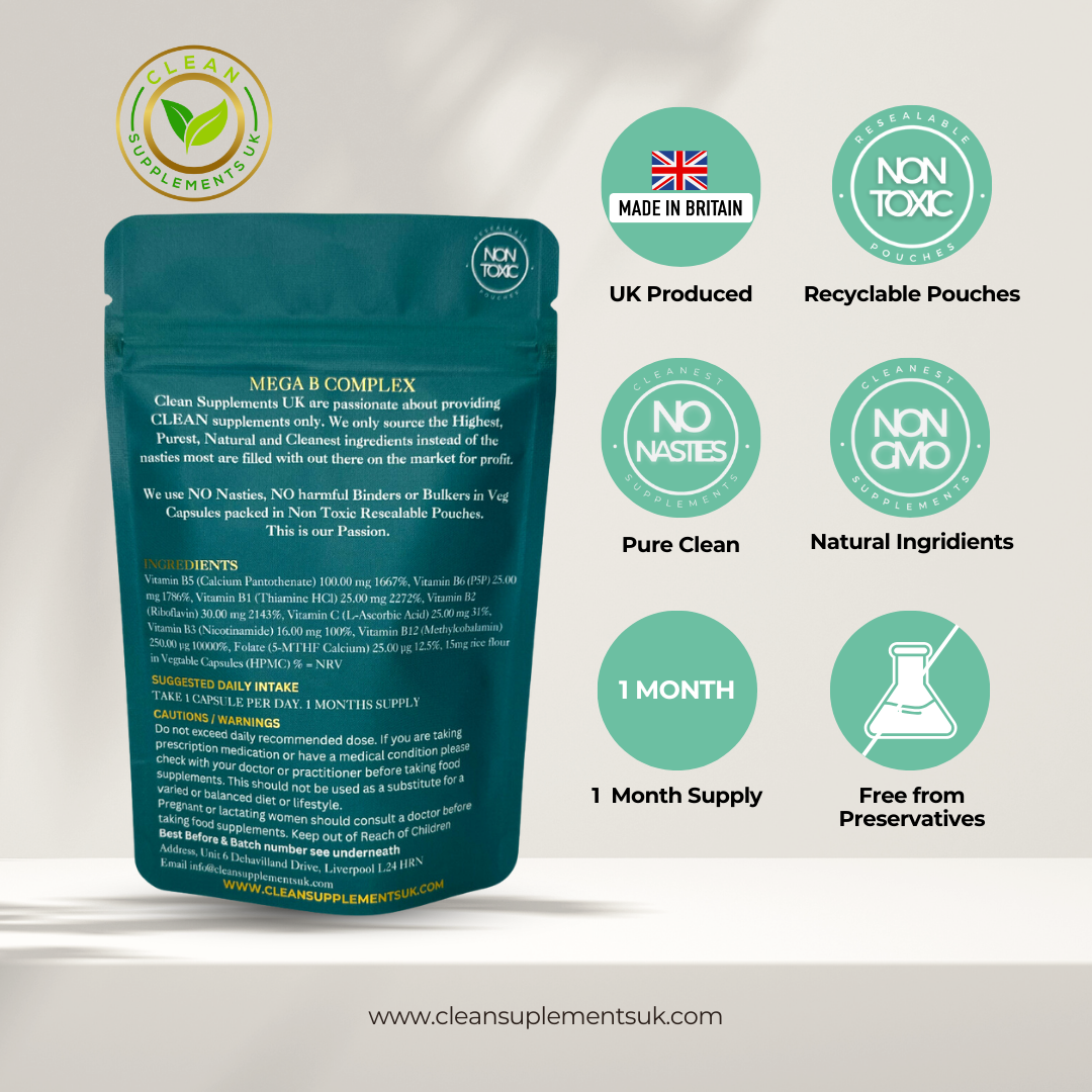 Mega B Complex High Potency P5P – Clean Energy, Focus & Stress Support | UK-Made Vitamin B Supplement