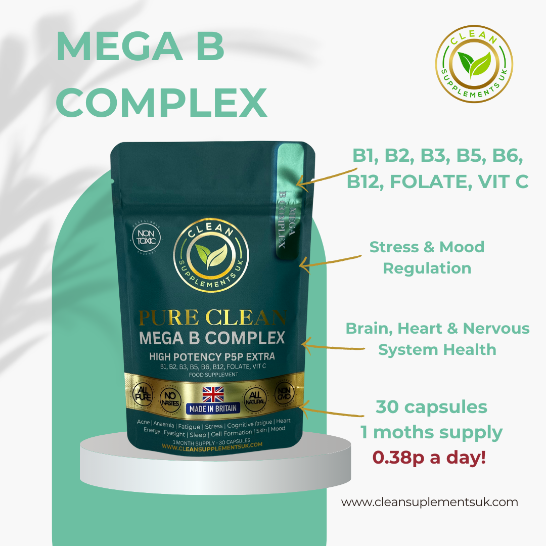Mega B Complex High Potency P5P supplement by Clean Supplements UK – clean filler-free energy, focus, and stress support.