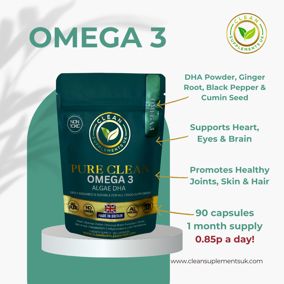 Omega-3 Algae DHA by Clean Supplements UK – Vegan EPA + DHA for heart, brain and eye support in eco-friendly pouch.