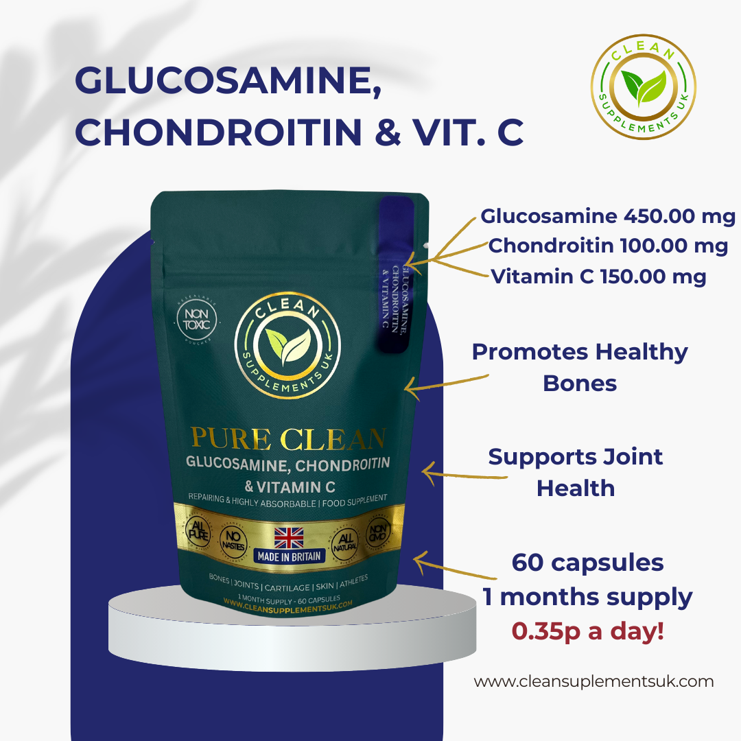 Clean Supplements UK Glucosamine, Chondroitin & Vitamin C – Ethically Sourced Joint & Cartilage Support, UK-Made Eco Pouch.