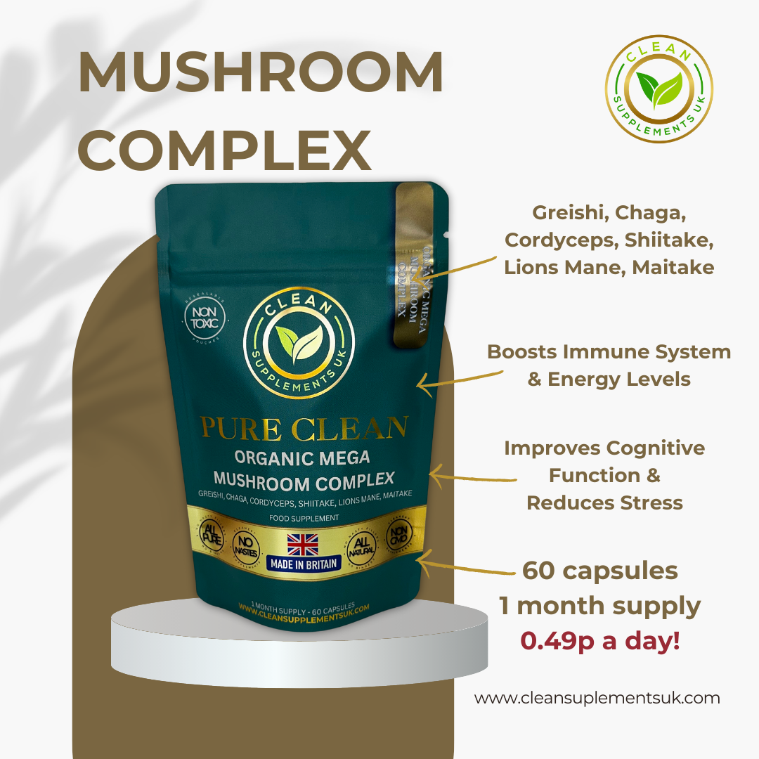 Organic Mega Mushroom Complex by Clean Supplements UK – Lion’s Mane, Reishi & Cordyceps adaptogenic blend for focus and immunity support.