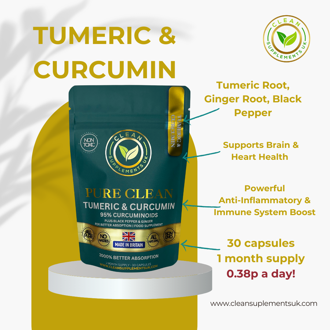Turmeric & Curcumin 95 % by Clean Supplements UK – Anti-Inflammatory Joint, Immune & Digestion Support with Black Pepper and Ginger, eco pouch.