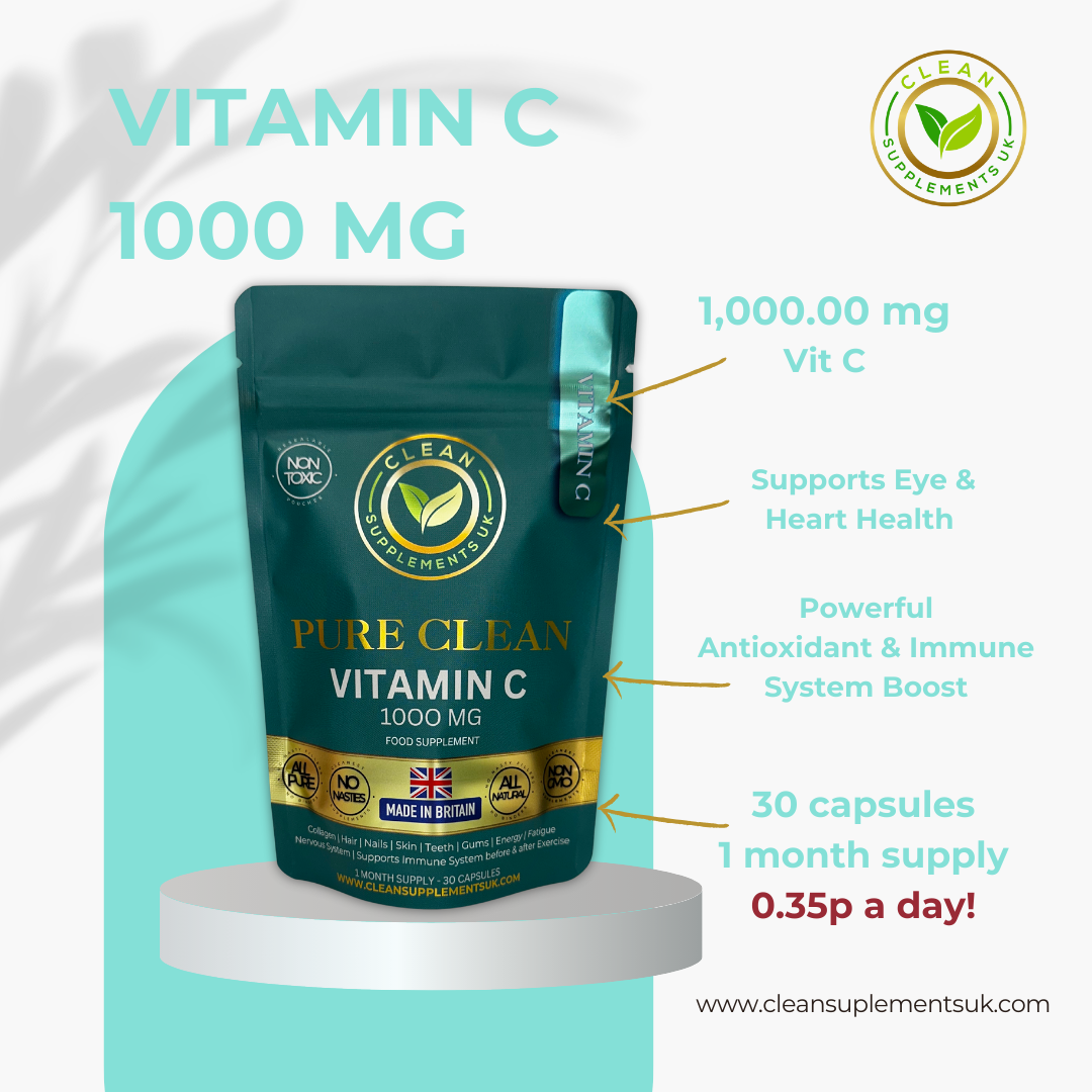 Vitamin C 1000 mg by Clean Supplements UK – High-Strength Immune & Skin Support with Rose Hip and Acerola, eco UK-made pouch.