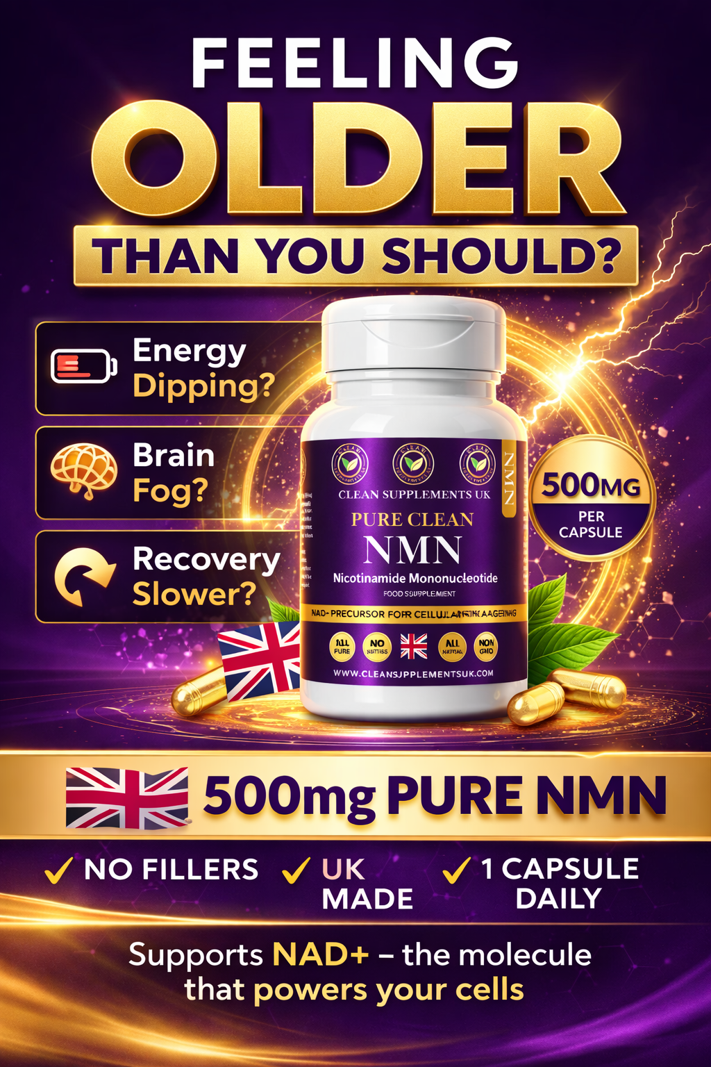 Pure Clean NMN 500mg | Premium Nicotinamide Mononucleotide Capsules