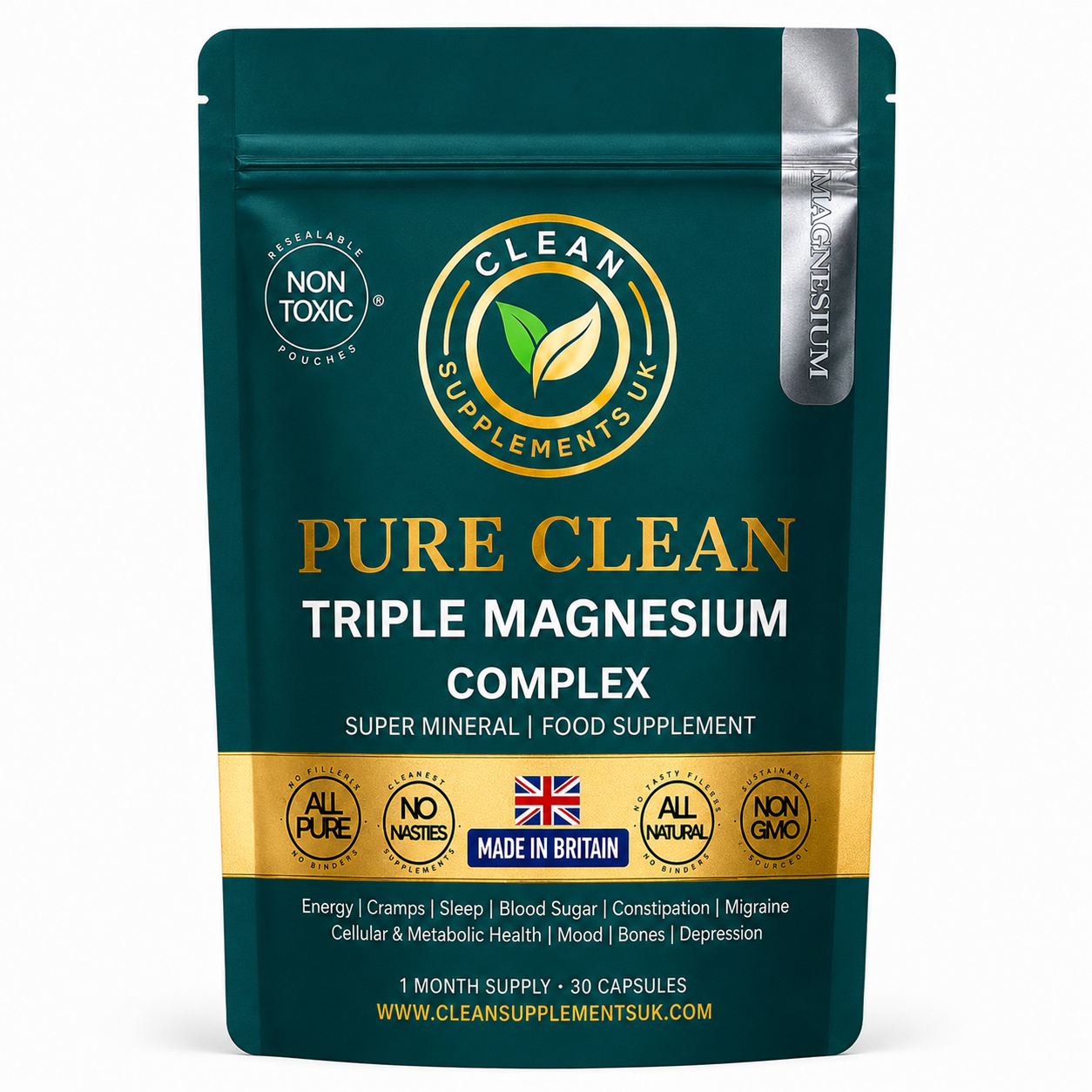 Clean Supplements UK Triple Magnesium Complex – Relaxation, Muscle & Recovery Support Capsules, 100% Clean & UK-Made. British Supplements.