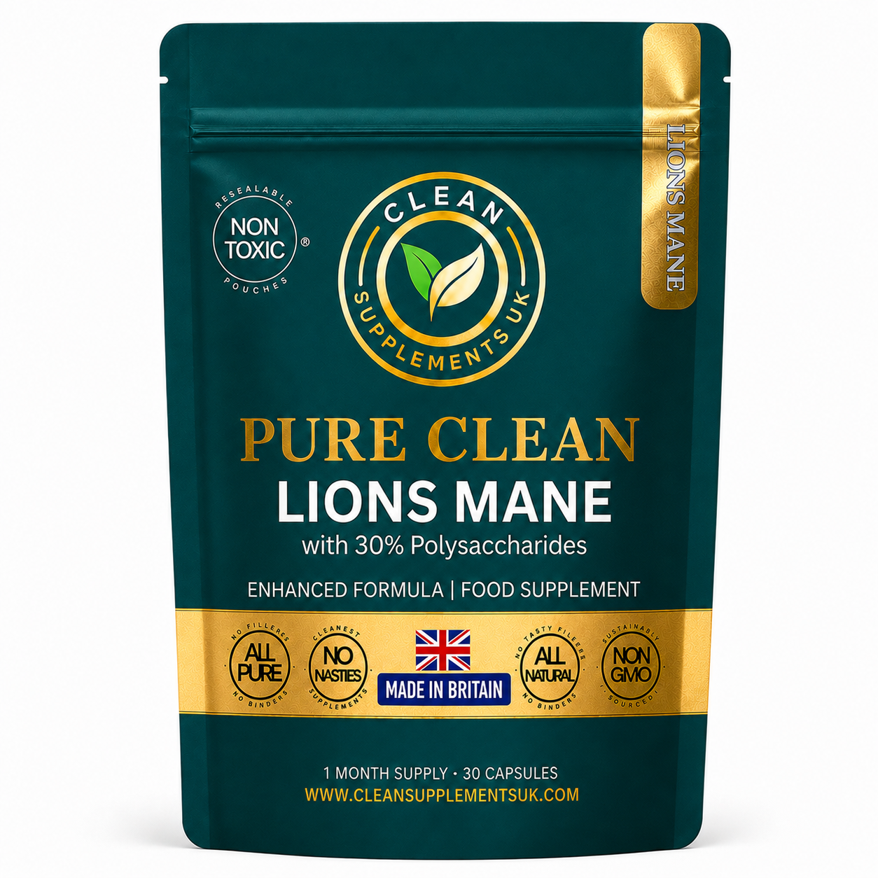 Lion’s Mane Mushroom Capsules in Eco Pouch – 30% Polysaccharide Brain & Mood Support – Clean Supplements UK British Supplements