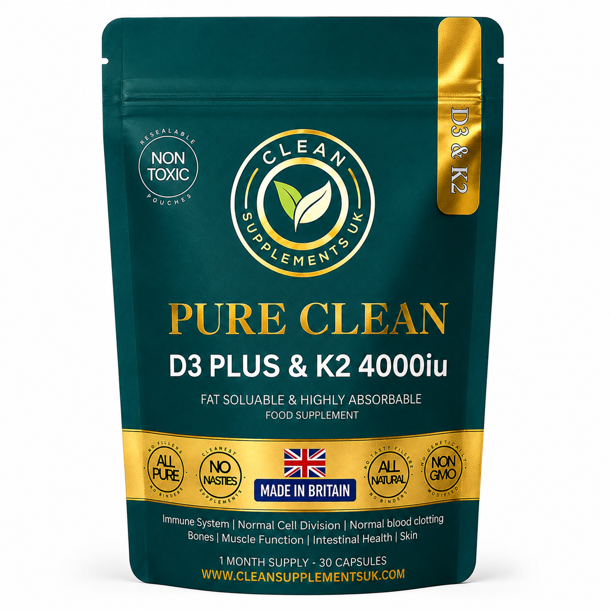 Vitamin D3 + K2 Complex in Eco Pouch – 4000IU D3 & MK-7 for Bone, Heart & Immunity – Clean Supplements UK . British supplements