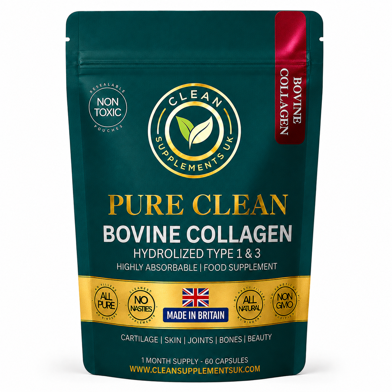 Clean Supplements UK Bovine Collagen Type 1 & 3 – Grass-Fed, Hydrolysed Collagen for Skin, Hair, Joints & Bones British supplements
