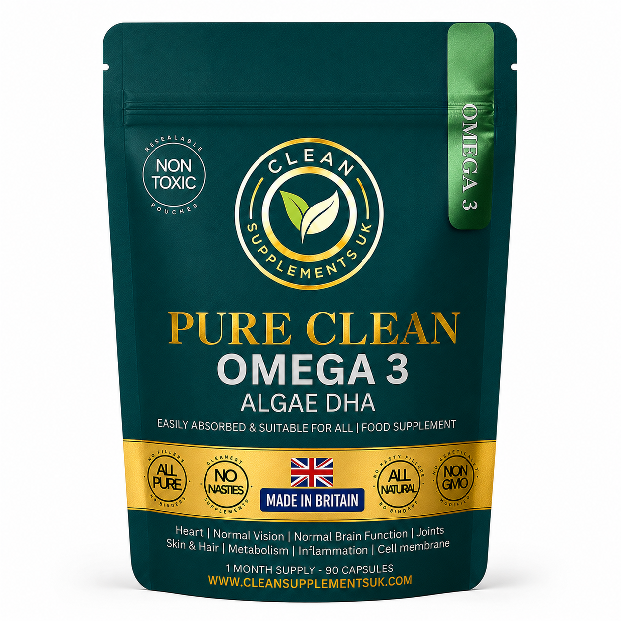 Omega-3 Algae DHA by Clean Supplements UK – Vegan EPA + DHA for heart, brain and eye support in eco-friendly pouch. British supplements