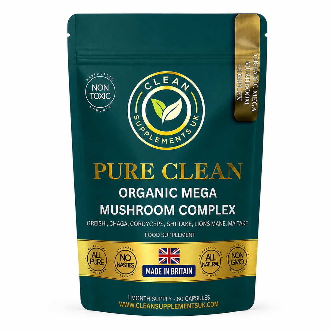 Organic Mega Mushroom Complex by Clean Supplements UK – Lion’s Mane, Reishi & Cordyceps adaptogenic blend for focus and immunity support. british supplements