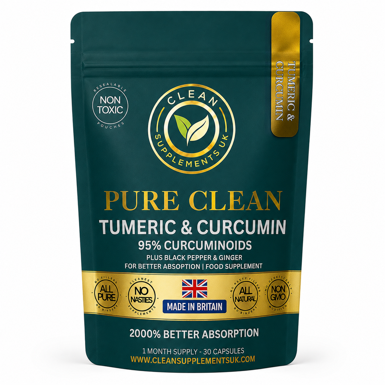 Turmeric & Curcumin 95 % by Clean Supplements UK – Anti-Inflammatory Joint, Immune & Digestion Support with Black Pepper and Ginger, eco pouch. BRITISH SUPPLEMENTS