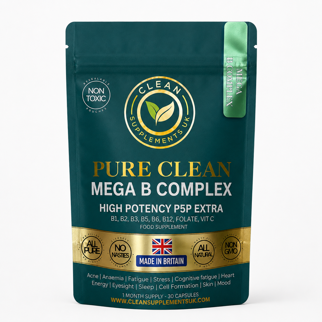 Mega B Complex High Potency P5P supplement by Clean Supplements UK – clean filler-free energy, focus, and stress support. british supplements' 