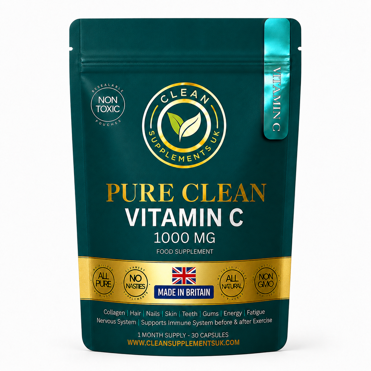 Vitamin C 1000 mg by Clean Supplements UK – High-Strength Immune & Skin Support with Rose Hip and Acerola, eco UK-made pouch. pure clean british supplements
