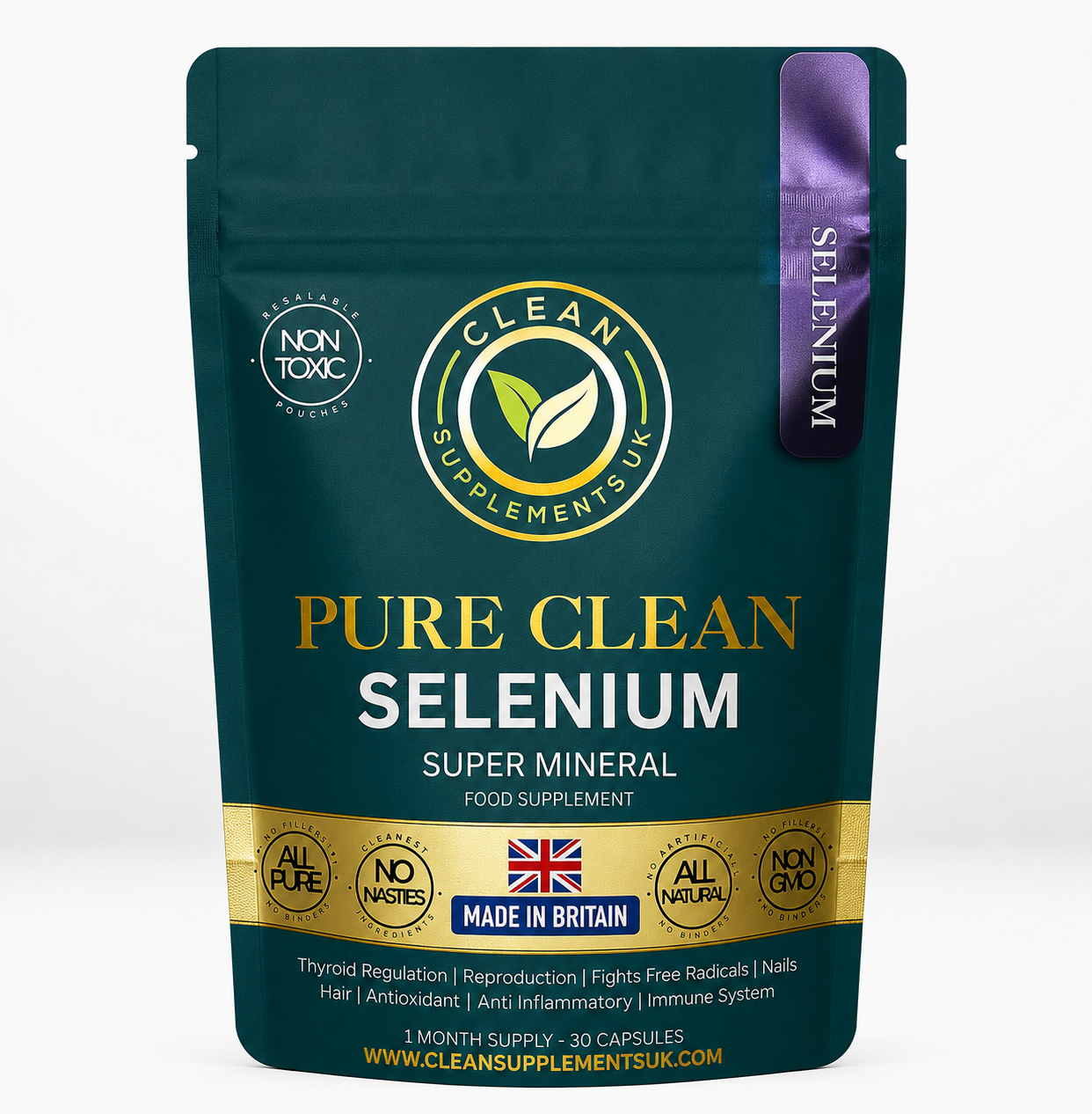 Selenium 200 µg by Clean Supplements UK – Natural Amino Acid Antioxidant for Thyroid, Immunity & Fertility, eco UK-made pouch. british supplemets clean pure