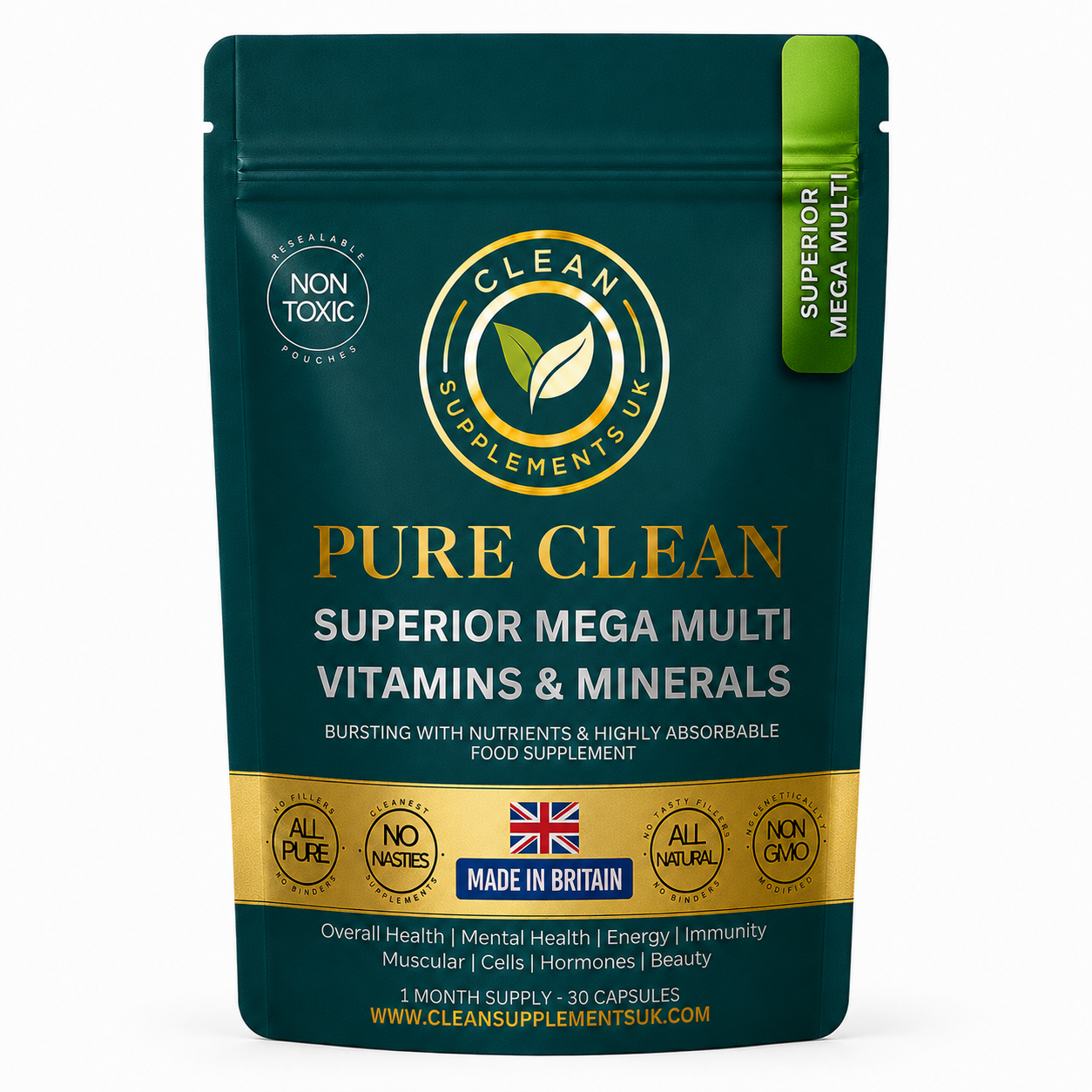 Mega Multivitamin in Eco Pouch – 30+ Vitamins & Minerals for Energy, Immunity & Focus – Clean Supplements UK pure no fillers no nasties british supplements