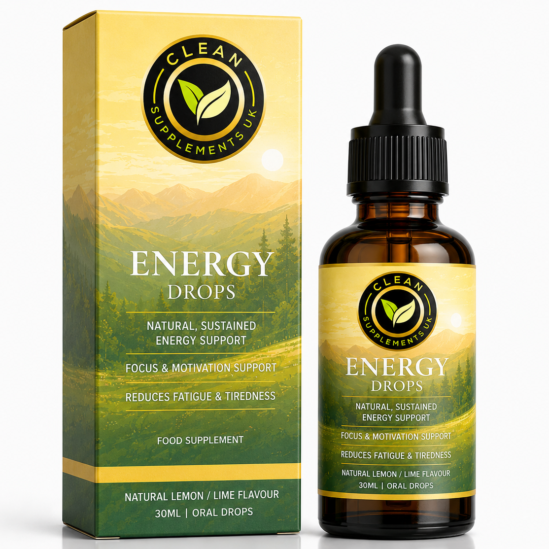 Clean Supplements UK Energy Drops - Natural Energy and Focus Support with L-Tyrosine, Taurine, Lion's Mane, Rhodiola and Active B Vitamins
