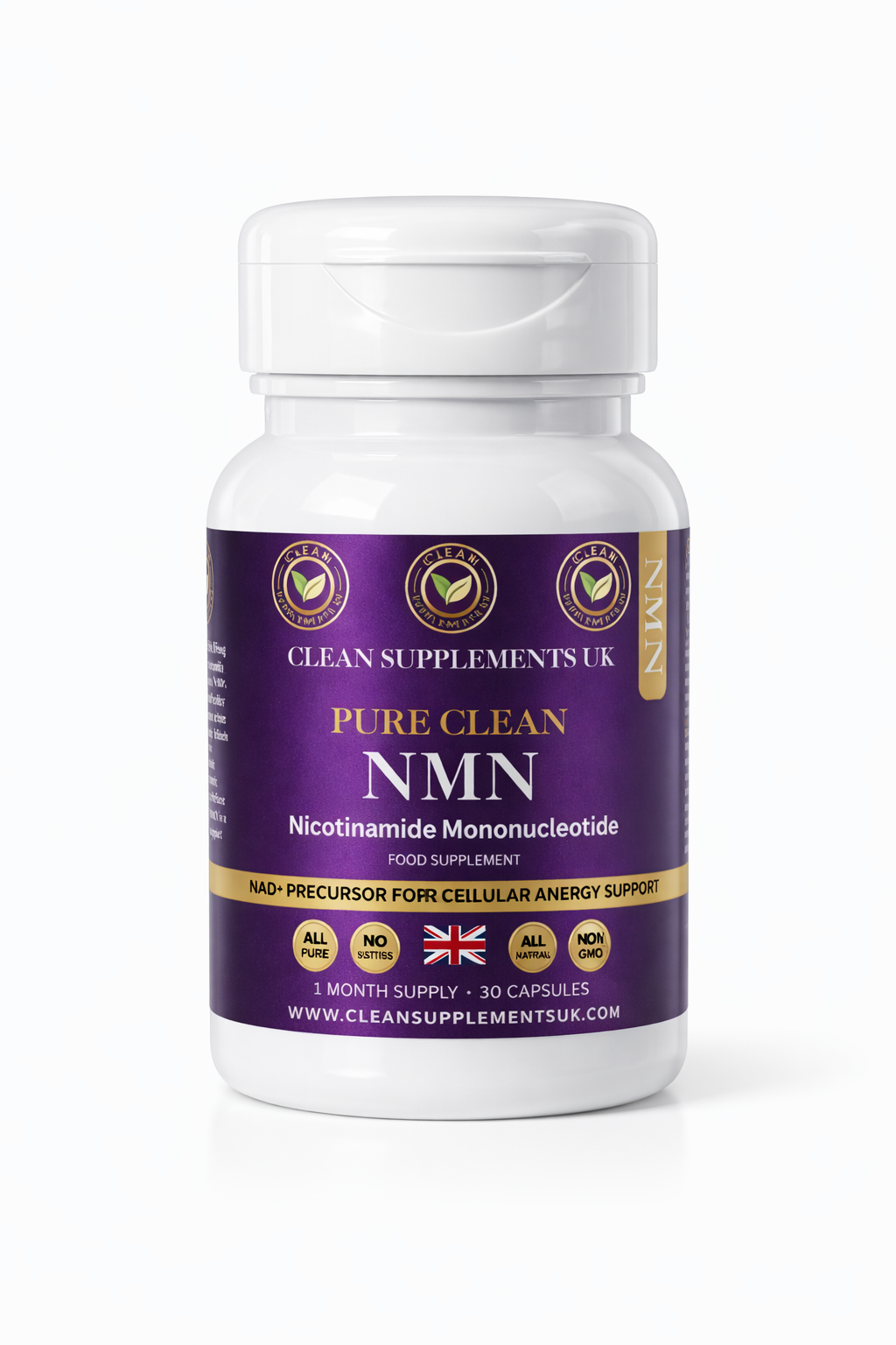 Pure Clean NMN 500mg capsules by Clean Supplements UK – Nicotinamide Mononucleotide NAD+ longevity supplement UK