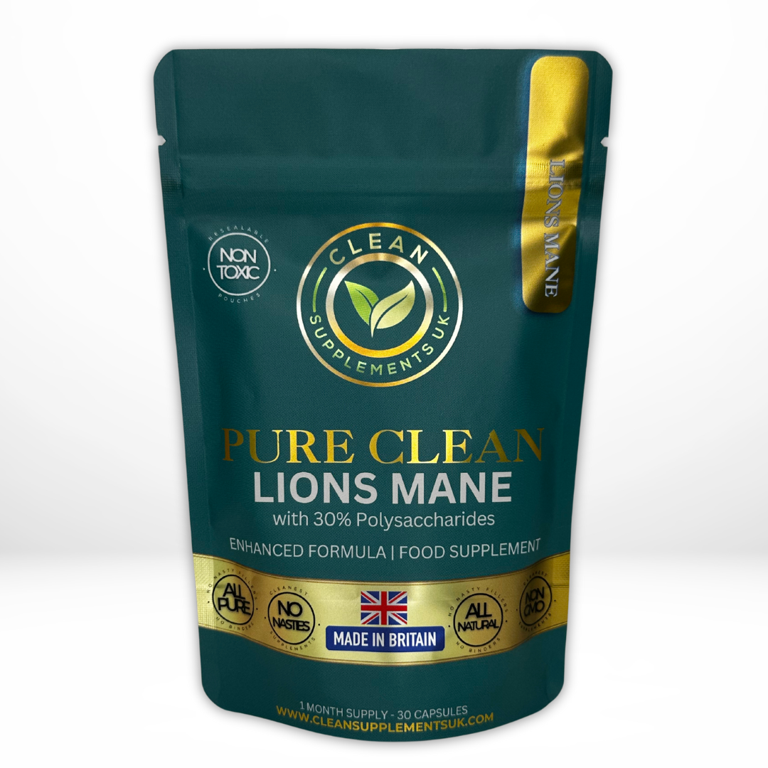 Lion’s Mane Mushroom Capsules in Eco Pouch – 30% Polysaccharide Brain & Mood Support – Clean Supplements UK