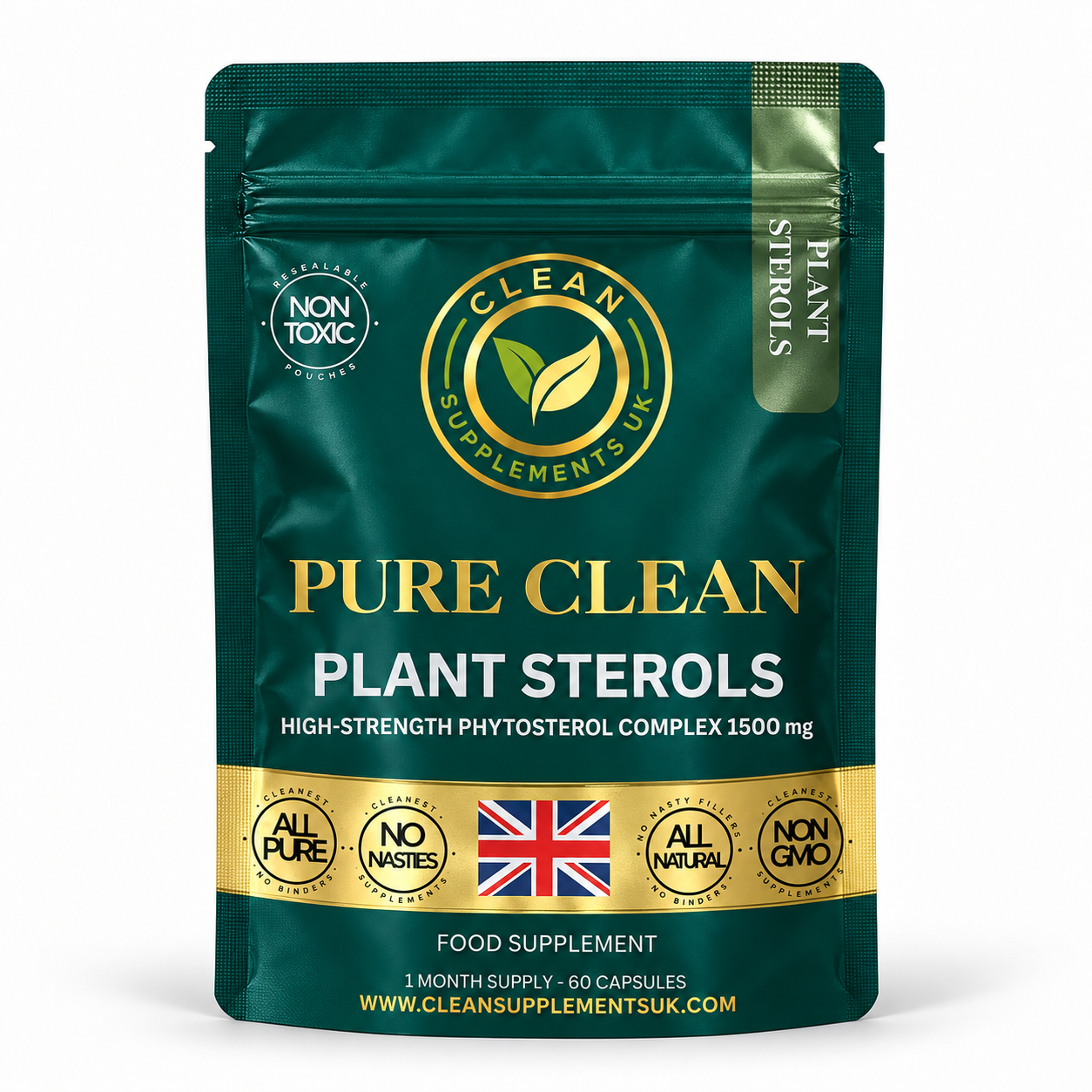 Pure Clean Plant Sterols 1,500mg phytosterol complex, 60 capsules, in a deep green and gold pouch on a white background.