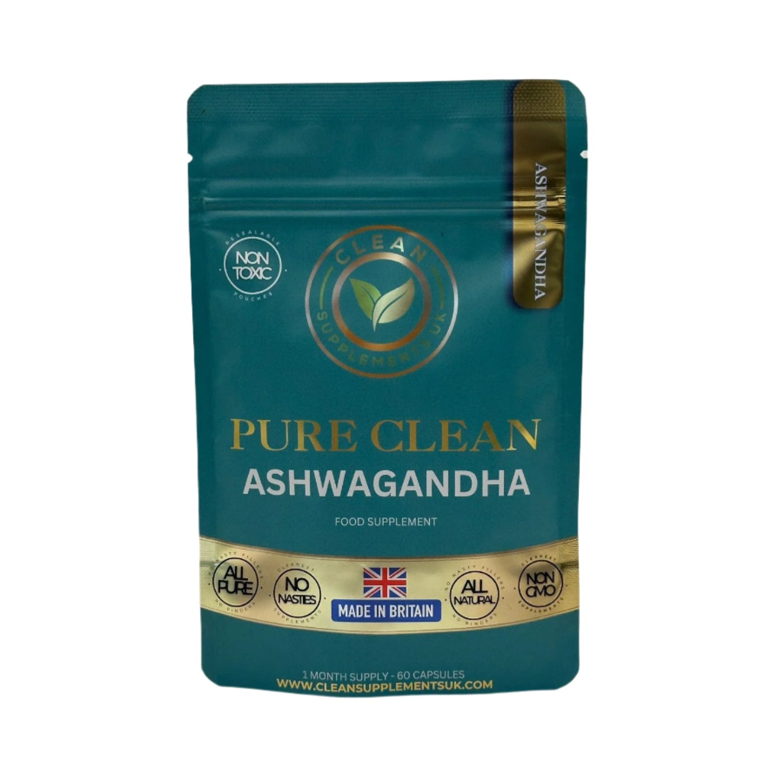 Pure Clean Ashwagandha capsules in teal eco pouch, UK made supplement for stress, mood and hormone balance with no nasties or fillers. Clean supplements uk