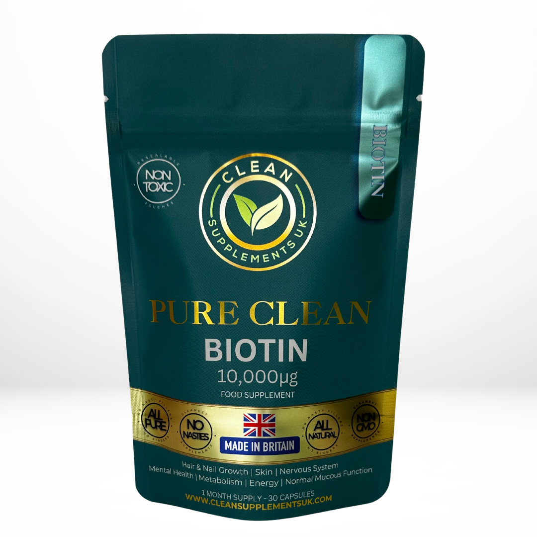 Biotin 10,000 µg supplement pouch by Clean Supplements UK – clean, filler-free hair, skin & nail support capsules