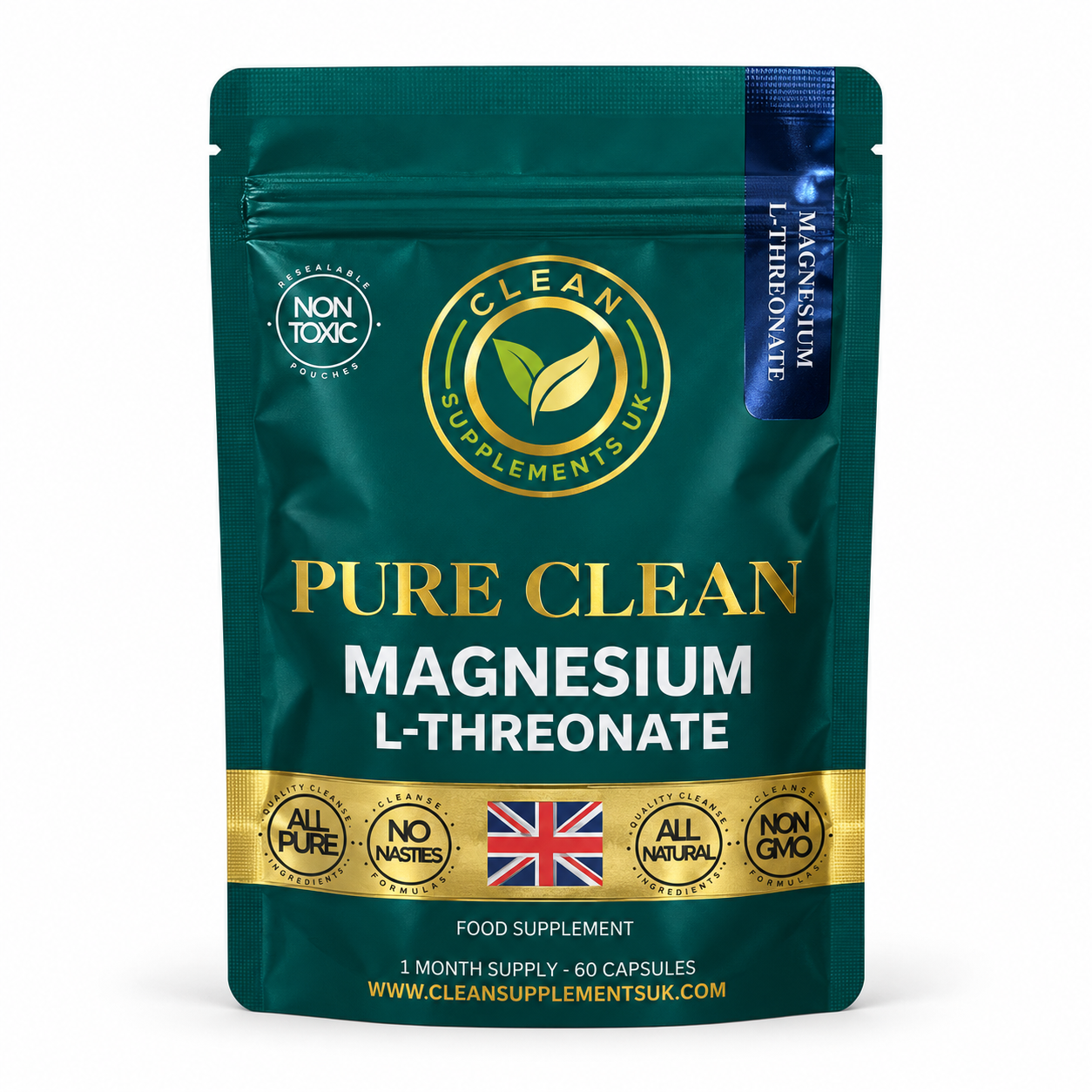 Pure Clean Magnesium L-Threonate 60-capsule pouch in deep green and gold on a white background.