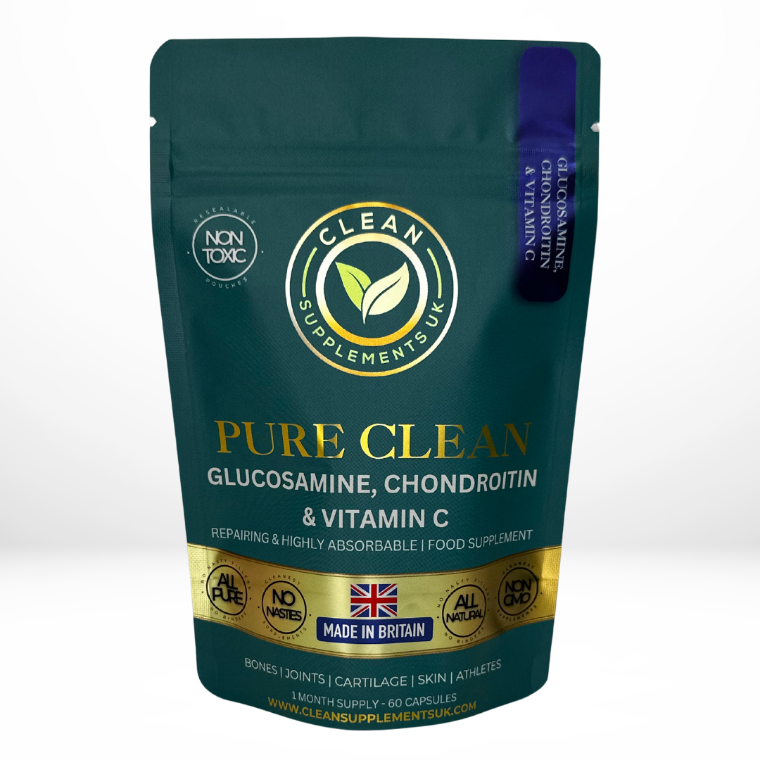 Clean Supplements UK Glucosamine, Chondroitin & Vitamin C – Ethically Sourced Joint & Cartilage Support, UK-Made Eco Pouch.