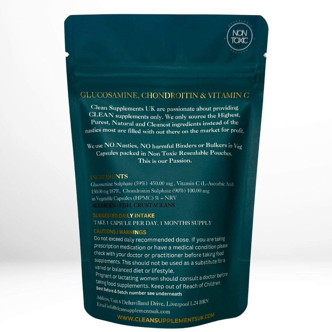 Glucosamine + Chondroitin + Vitamin C | Joint Flexibility & Cartilage Support | Clean UK-Made Formula (No Endangered Sources)