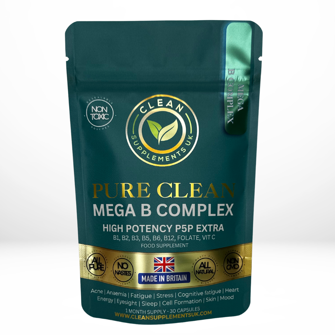 Mega B Complex High Potency P5P supplement by Clean Supplements UK – clean filler-free energy, focus, and stress support.