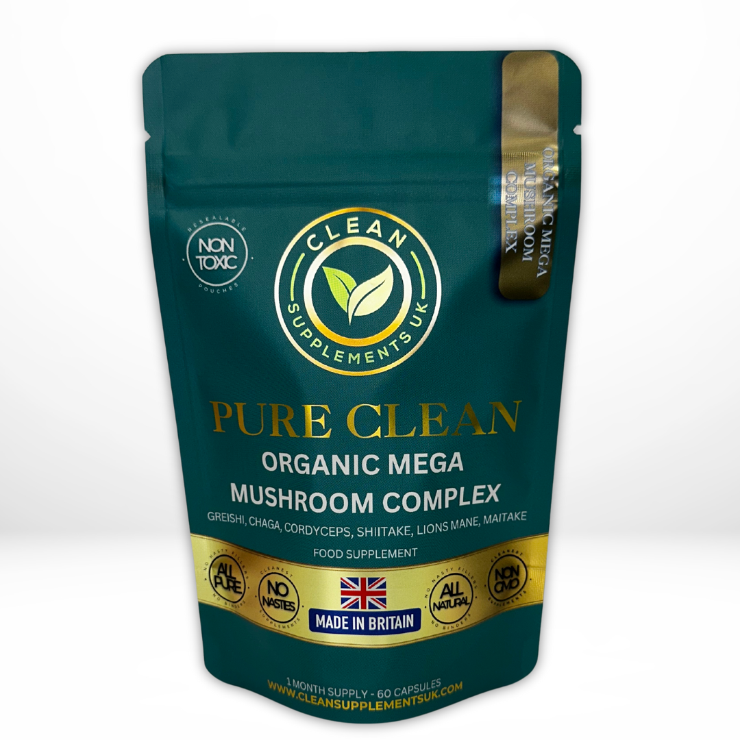 Organic Mega Mushroom Complex by Clean Supplements UK – Lion’s Mane, Reishi & Cordyceps adaptogenic blend for focus and immunity support.