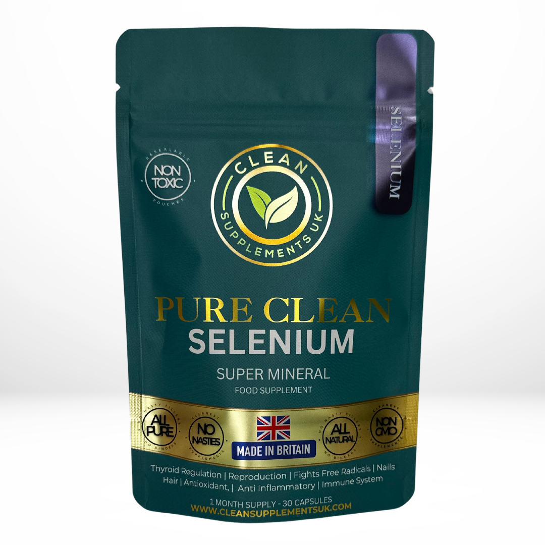 Selenium 200 µg by Clean Supplements UK – Natural Amino Acid Antioxidant for Thyroid, Immunity & Fertility, eco UK-made pouch.