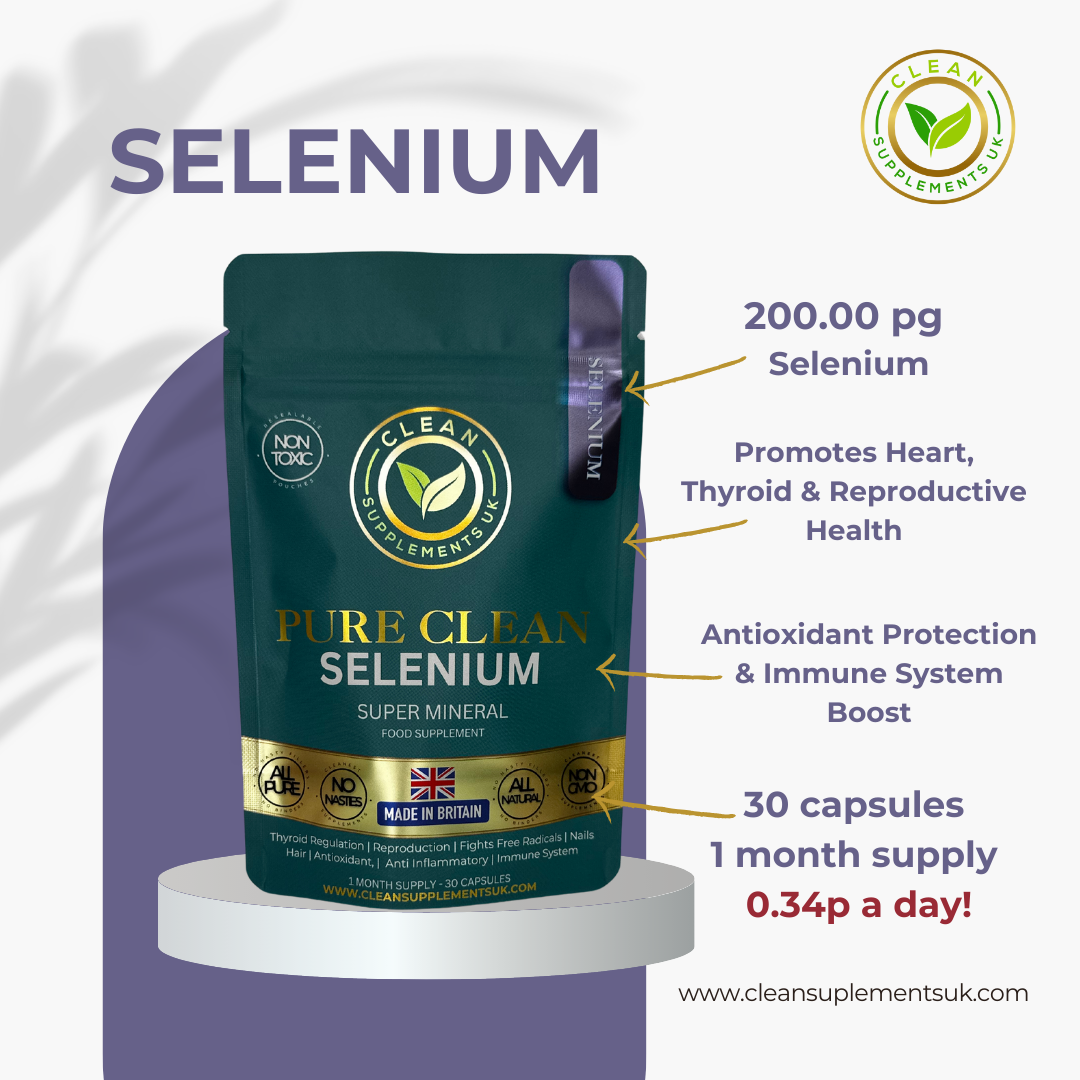 Selenium 200 µg by Clean Supplements UK – Natural Amino Acid Antioxidant for Thyroid, Immunity & Fertility, eco UK-made pouch.