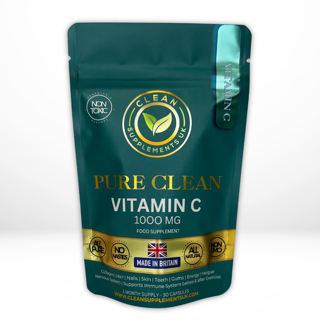 Vitamin C 1000 mg by Clean Supplements UK – High-Strength Immune & Skin Support with Rose Hip and Acerola, eco UK-made pouch.